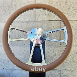 14 Billet Steering Wheel Tri Spoke Tan Half Wrap + Chevy Horn Button Licensed