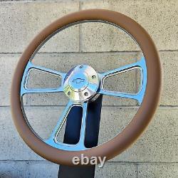 14 Billet Steering Wheel Tri Spoke Tan Half Wrap + Chevy Horn Button Licensed
