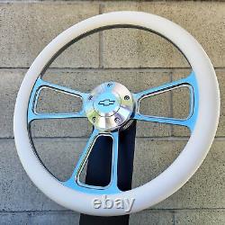 14 Billet Steering Wheel Tri Spoke White Vinyl Chevy Bowtie Horn