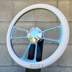 14 Billet Steering Wheel for Chevy GM Ford Dodge White Wrap and Horn Button