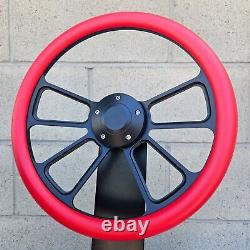 14 Black 4 Spoke Steering Wheel With Red Vinyl Half Wrap/ Plain Horn