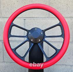 14 Black 4 Spoke Steering Wheel With Red Vinyl Half Wrap/ Plain Horn