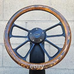 14 Black 4 Spoke Steering Wheel With Wood Flame Pine Half Wrap/ Chevy Horn