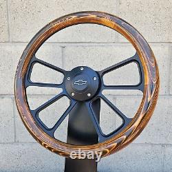 14 Black 4 Spoke Steering Wheel With Wood Flame Pine Half Wrap/ Chevy Horn