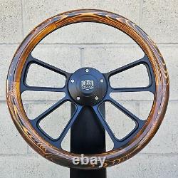 14 Black 4 Spoke Steering Wheel With Wood Flame Pine Half Wrap/ FS Horn