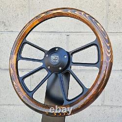 14 Black 4 Spoke Steering Wheel With Wood Flame Pine Half Wrap/ FS Horn