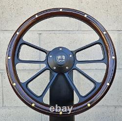 14 Black 4 Spoke Steering Wheel With Wood Half Wrap and Brass Rivets/ FS Horn