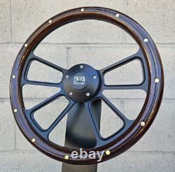 14 Black 4 Spoke Steering Wheel With Wood Half Wrap and Brass Rivets/ FS Horn