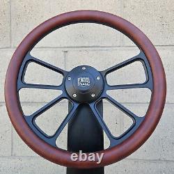 14 Black 4 Spoke Steering Wheel With Worn Burgundy Vinyl Half Wrap/ FS Horn