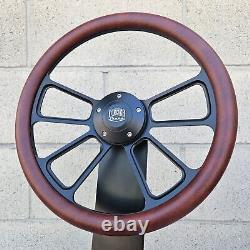 14 Black 4 Spoke Steering Wheel With Worn Burgundy Vinyl Half Wrap/ FS Horn