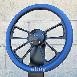 14 Black 4 Spoke Steering Wheel with Blue Vinyl Wrap and SS Horn