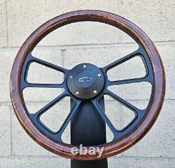 14 Black 4 Spoke Steering Wheel with Burl Wood Hydro Dipped Wrap- Chevy Horn