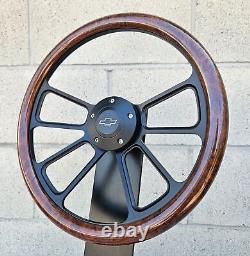 14 Black 4 Spoke Steering Wheel with Burl Wood Hydro Dipped Wrap- Chevy Horn