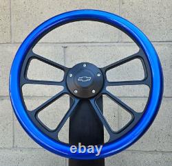 14 Black 4 Spoke Steering Wheel with Metallic Blue Hydro Dipped Wrap- Chevy Horn 14 Black 4 Spoke Steering Wheel with Metallic Blue Hydro Dipped Wrap- Chevy Horn