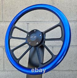 14 Black 4 Spoke Steering Wheel with Metallic Blue Hydro Dipped Wrap- Chevy Horn