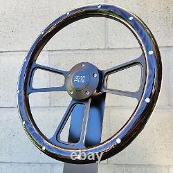 14 Black Billet Steering Wheel Real Dark Burnt Pine Metal Rivets GMC Retro