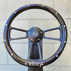 14 Black Billet Steering Wheel Real Dark Burnt Pine Metal Rivets GMC Retro