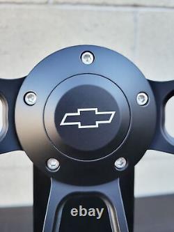 14 Black Billet Steering Wheel Real Wood Mahogany Aluminum Rivets Chevy Bowtie