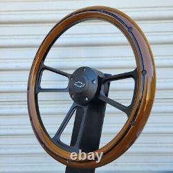 14 Black Billet Steering Wheel Real Wood Rivets Licensed Chevy Bowtie Horn