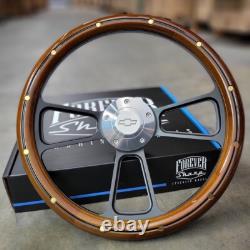 14 Black Steering Wheel Mahogany Wood Brass Rivets Billet Chevy Bowtie Horn