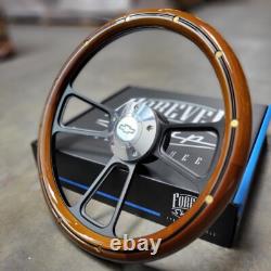 14 Black Steering Wheel Mahogany Wood Brass Rivets Billet Chevy Bowtie Horn