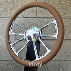 14 CNC Billet 4 Spoke Steering Wheel With Tan Vinyl Half Wrap and Plain Horn