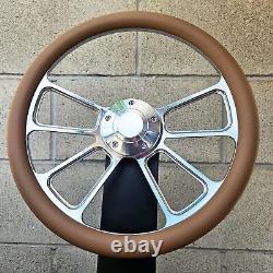 14 CNC Billet 4 Spoke Steering Wheel With Tan Vinyl Half Wrap and Plain Horn