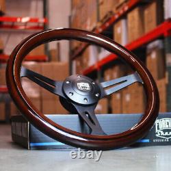 14 Inch (350mm) Black Steering Wheel with Dark Wood Grip 6 Hole Classic Chevy