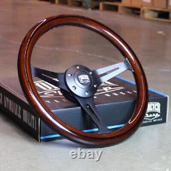 14 Inch (350mm) Black Steering Wheel with Dark Wood Grip 6 Hole Classic Chevy