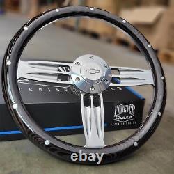 14 Inch Billet Steering Wheel Dark Pine Wood Rivet Chevy Bowtie Licensed Horn