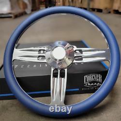 14 Inch Billet Steering Wheel Royal Blue Half Wrap + Horn 6 Hole C10 Camaro