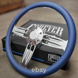 14 Inch Billet Steering Wheel Royal Blue Half Wrap + Horn 6 Hole C10 Camaro