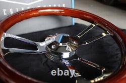 14 Inch Chrome Aftermarket Steering with Dark Wood Mahogany Grip 3-Spoke