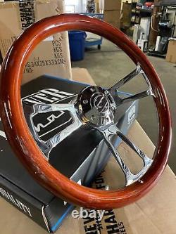 14 Inch Chrome Aftermarket Steering with Dark Wood Mahogany Grip 3-Spoke