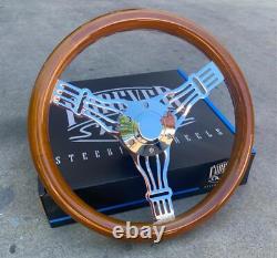 14 Inch Chrome Polished Banjo Steering Wheel Dark Wood Joints 3-Spoke