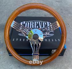 14 Inch Chrome Polished Banjo Steering Wheel Dark Wood Joints 3-Spoke