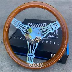 14 Inch Chrome Polished Banjo Steering Wheel Dark Wood Joints 3-Spoke