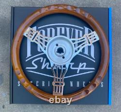 14 Inch Chrome Polished Banjo Steering Wheel Dark Wood Joints 3-Spoke