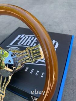14 Inch Chrome Polished Banjo Steering Wheel Dark Wood Joints 3-Spoke