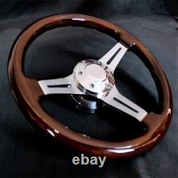 14 Inch Chrome Polished Steering Wheel Dark Wood 3-Spoke