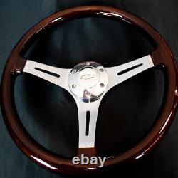 14 Inch Chrome Polished Steering Wheel Dark Wood 3-Spoke with Chevy Horn Button