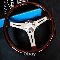 14 Inch Chrome Polished Steering Wheel Dark Wood 3-Spoke with Chevy Horn Button