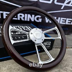 14 Inch Polished Billet Steering Wheel with Dark Mahogany Wood Wrap FS Horn