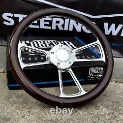 14 Inch Polished Billet Steering Wheel with Dark Mahogany Wood Wrap Plain Horn