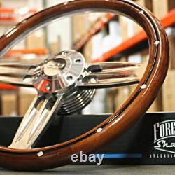 14 Inch Polished & Wood Steering Wheel Chevy Bowtie Horn, 6 Hole C10 GMC