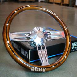 14 Inch Polished & Wood Steering Wheel Chevy Bowtie Horn, 6 Hole C10 GMC