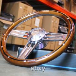 14 Inch Polished & Wood Steering Wheel Chevy Bowtie Horn, 6 Hole C10 GMC