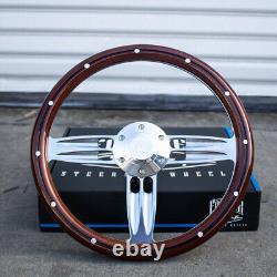 14 Inch Polished & Wood Steering Wheel with Billet Horn 6 Hole Chevy C10