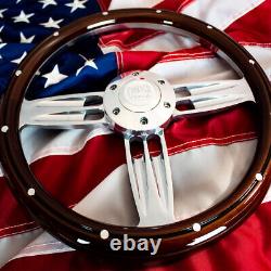 14 Inch Polished & Wood Steering Wheel with Billet Horn 6 Hole Chevy C10
