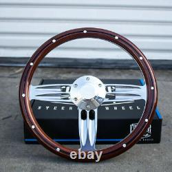 14 Inch Polished and Wood Steering Wheel with Billet Horn 6 Hole C10 Camaro